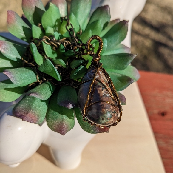 Groovy Jasper Stone Bronze Wire Wrapped Necklace Artisan Wearable Art Handmade - Picture 13 of 17